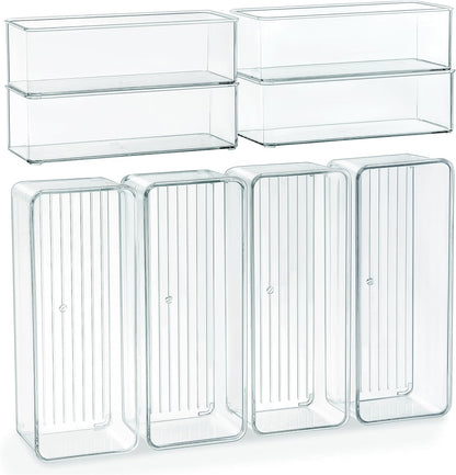 Qilinba 8 PACK Drawer Organizer Bins Bathroom Deep Drawer Organizer Tray for Cutlery Vanity Make-up, Clear Stackable Storage Bins for Kitchen Cabinet Closet Counter Organization and Storage