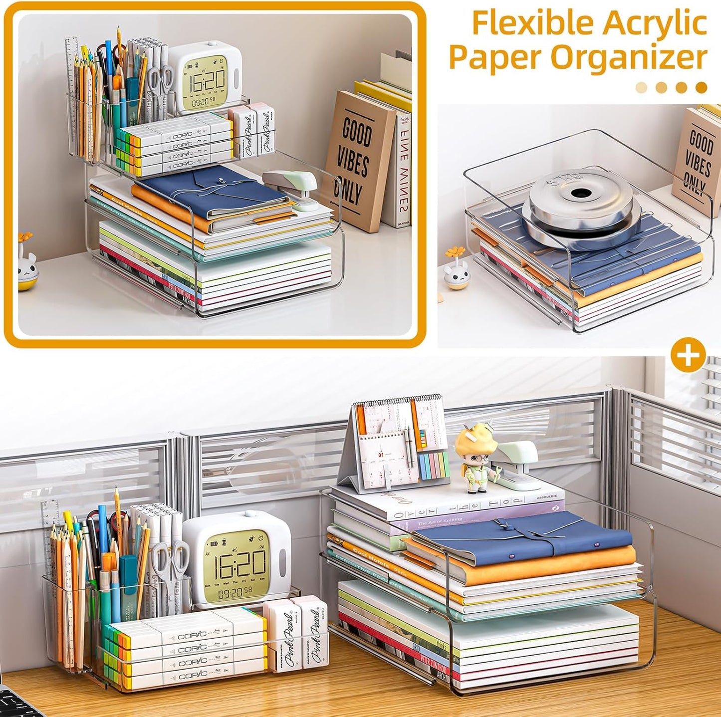 Paper Organizer Letter Tray - Acrylic Stackable Desk File Organizer with 5-Gird Tray and Pencil Holder, Clear File Organizer for Desk, Office Organizer for File Paper, Ipad, Letter, Small Item Etc