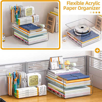 Paper Organizer Letter Tray - Acrylic Stackable Desk File Organizer with 5-Gird Tray and Pencil Holder, Clear File Organizer for Desk, Office Organizer for File Paper, Ipad, Letter, Small Item Etc