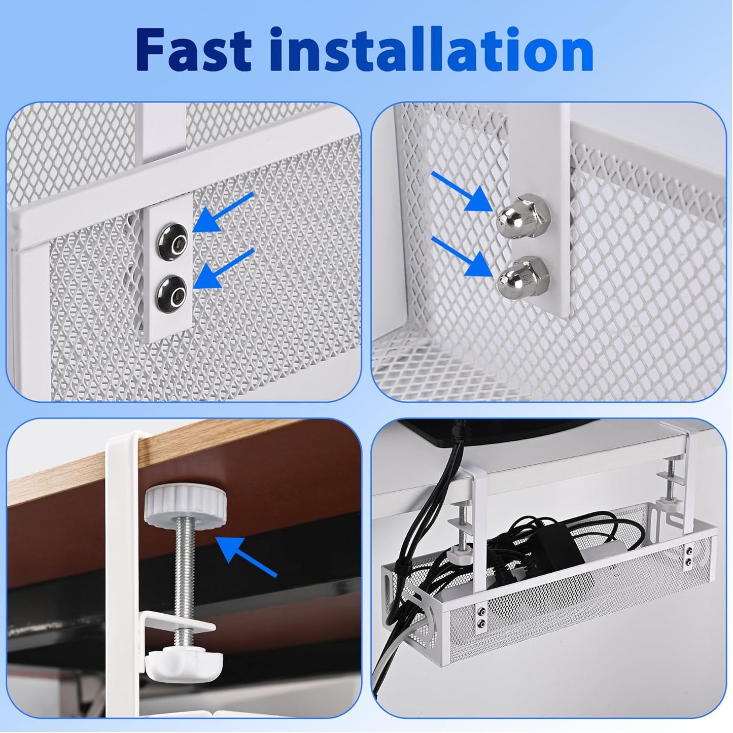 Under Desk Cable Management Box 25.3 Inch – Clamp-Mounted Cable Organizer Tray, Large Cord Management Box for Office & Home, Wire Organizer Under Desk Storage, White