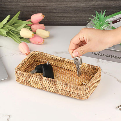 Hipiwe Key Basket Tray for Entryway Table Rattan Serving Tray Handwoven Wicker Baskets Vanity Trays Square Decorative Fruit Trays for Kitchen Counter Bedside Living Room Bathroom, 8.1"