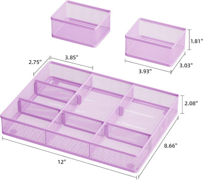 Marbrasse 3 Packs Desk Drawer Organizers, Metal Mesh Dividers Desk Drawer Organizer Tray with 9 Adjustable Compartments, Pen Organizer for Drawer Tray Box Accessories for Desktop,Kitchen, Makeup