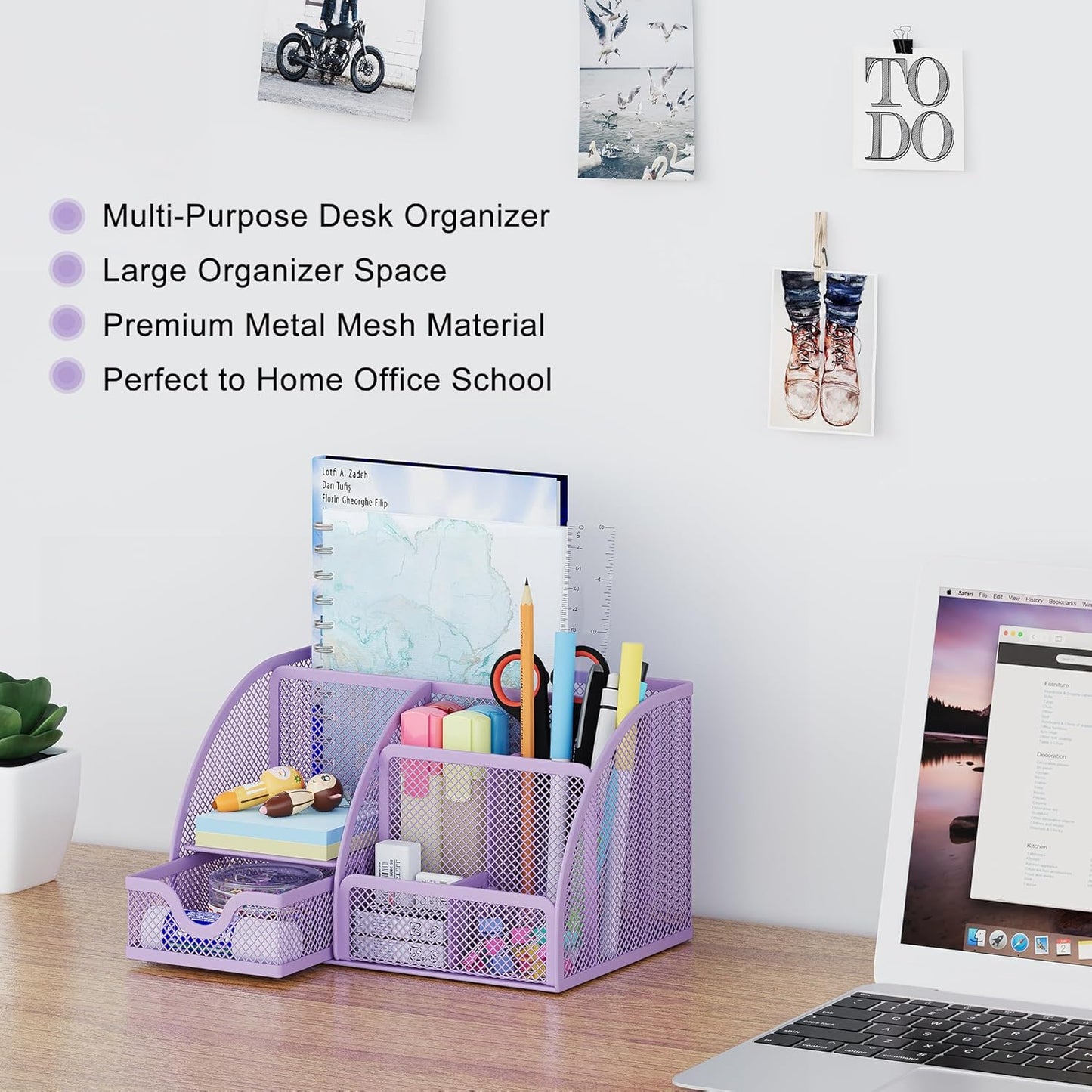 EasyPAG Mesh Desk Organizer with Drawer Multi-functional Pen Holder Stationery Organizer for Office School Supplies 6 Compartments Dorm Organizers and Storage for Desk, Black