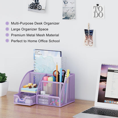 EasyPAG Mesh Desk Organizer with Drawer Multi-functional Pen Holder Stationery Organizer for Office School Supplies 6 Compartments Dorm Organizers and Storage for Desk, Black