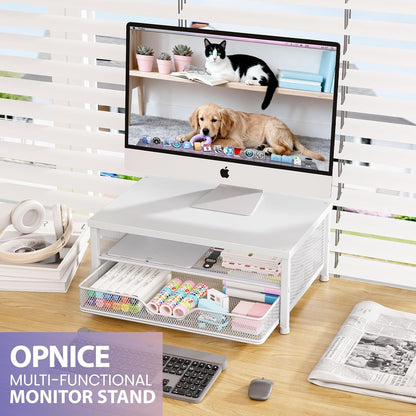 OPNICE Computer Monitor Stand Riser, Desk Organizer with Drawer, Printer & Laptop Stand, Office Desk Accessories & Workspace Desktop Organizers Storage for Office Supplies(Brown)
