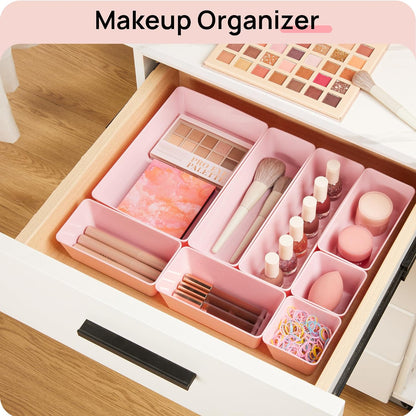 Vtopmart 44 PCS Clear Plastic Drawer Organizers Set, 4-Size Versatile Bathroom and Vanity Organizer Trays, Non-Slip Storage Containers for Makeup, Jewelries, Bedroom，Kitchen Utensils and Office