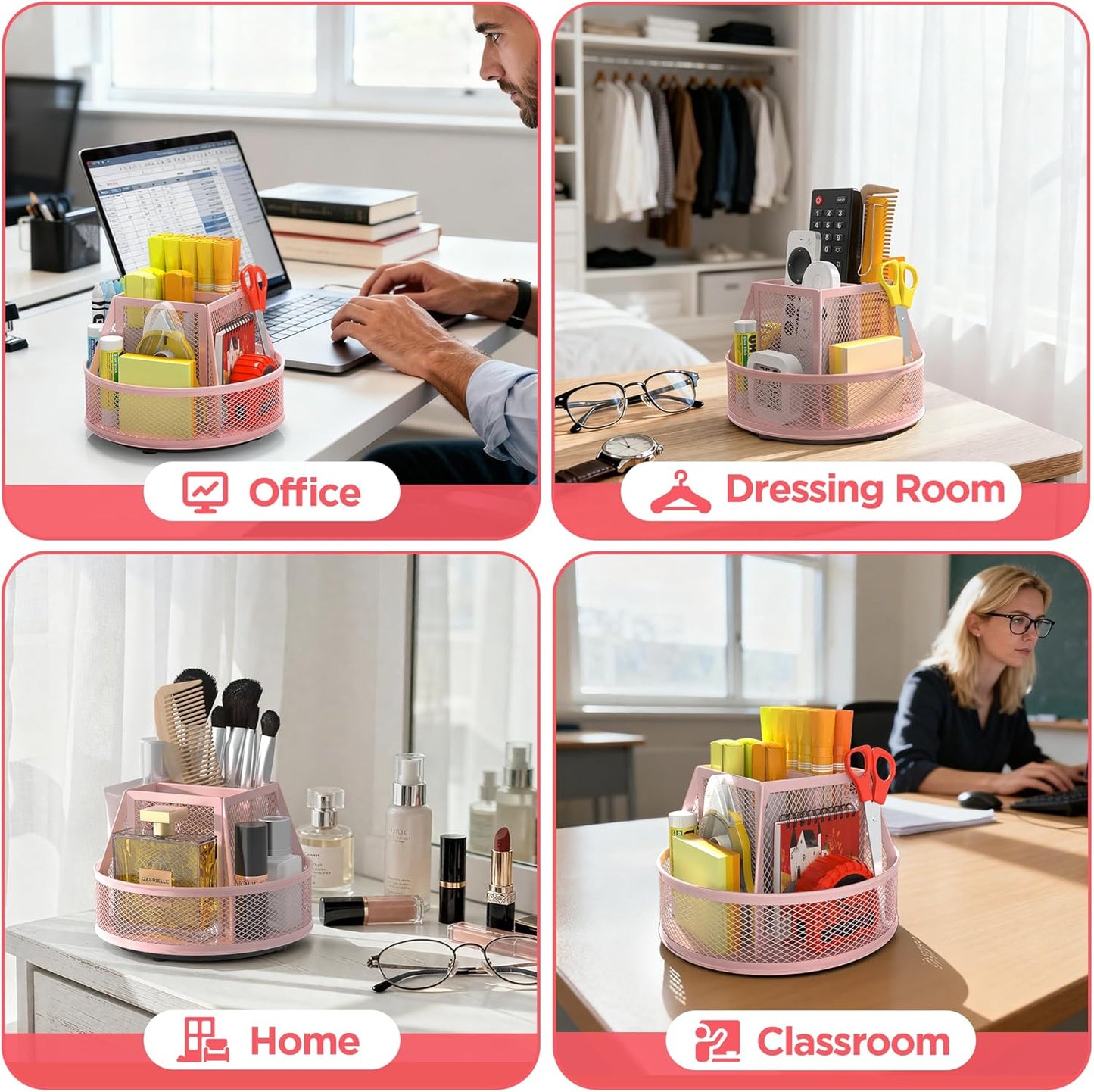 Docnest Mesh 360 Degree Rotating Pen Holder with 6 Compartment,Metal Pencil Cup Art Supply Storage Box Caddy,Teacher Stationery and Dorm Supplies Desk Organizer for Pencil,Sticky Note,Scissors-Pink
