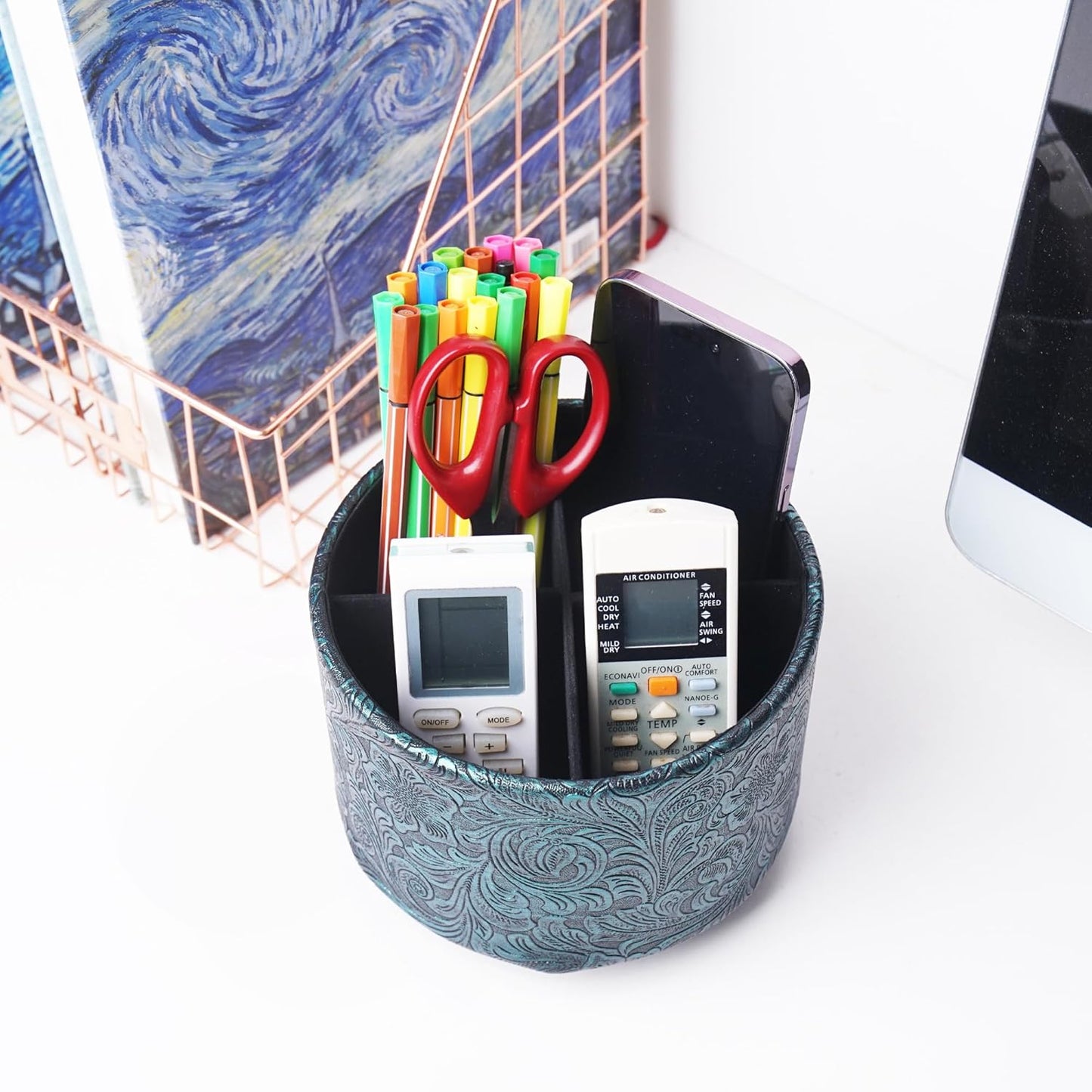 lizimandu Round Leather Art Supply Organizer,Remote Control Holder,360 Degree Spinning,Multi-Functional Pencil Holder,4 Compartments Desktop Stationary Organizer(1-Gold) - Colors B