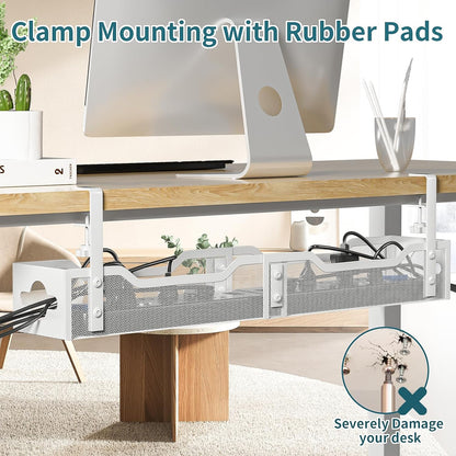 Under Desk Cable Management Tray No Drill, Metal Mesh Cable Management Under Desk with Clamp Mount, 2 Hole Cable Tray with Wire Management and Cord Organizer for Home Office Standing Desk