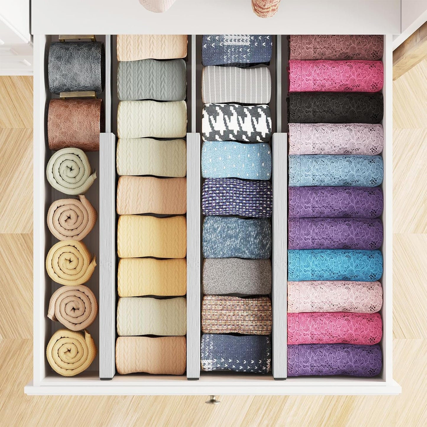 SpaceAid Bamboo Dresser Drawer Dividers 6 Pack, 4.65“ High Adjustable 12.5“-17” Drawer Organizers, Expandable Organization for Clothing, Clothes, Dressers, Natural