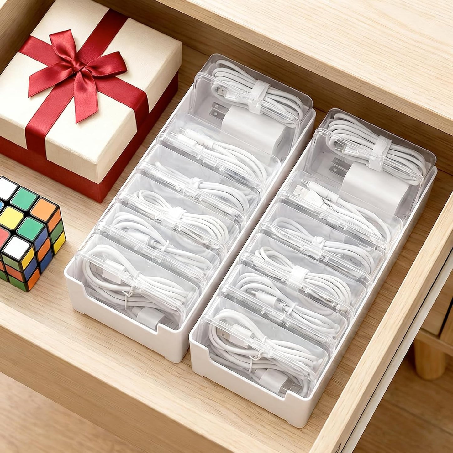 3 PCS Cable Organizer Box with 7 Clear Switch Case, Charger Cord Organizer Box for Home Office Desk Storage Accessories