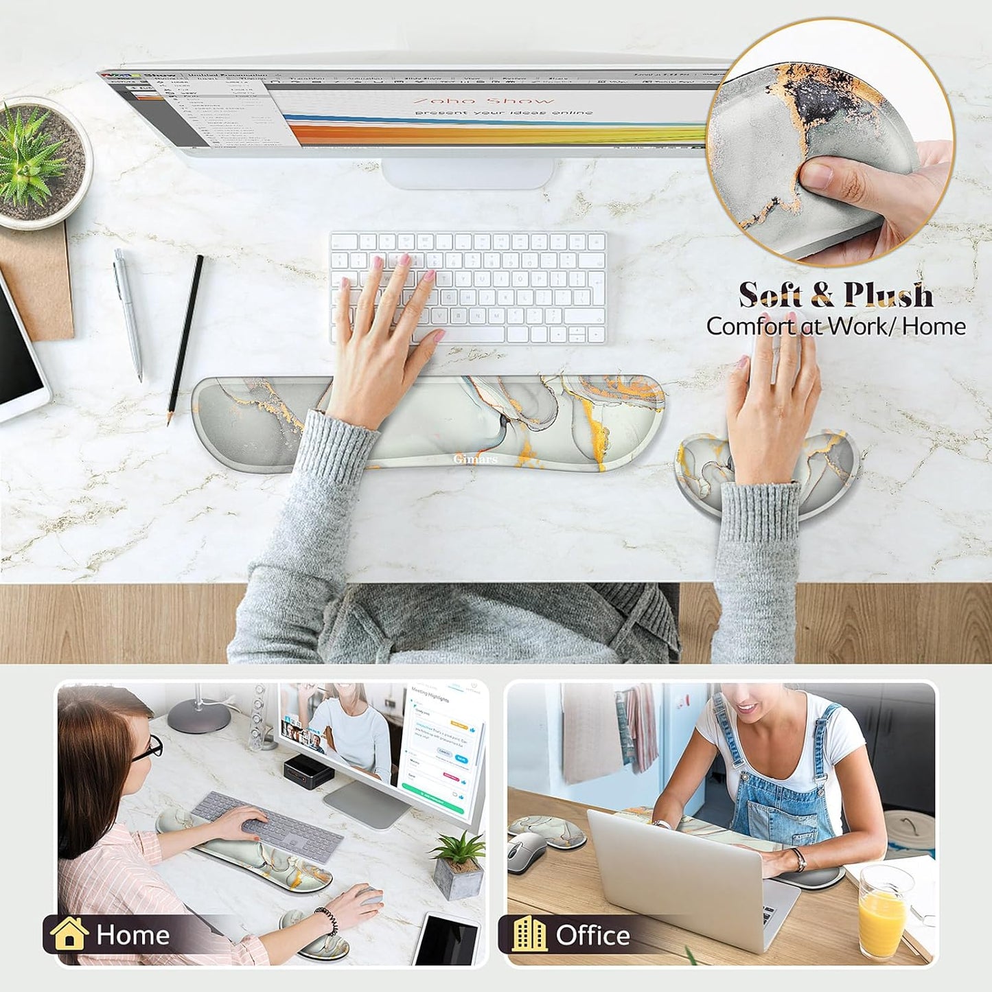 Gimars Upgrade Enlarge Silky and Superfine Fabric Gel Memory Foam Keyboard Wrist Rest Set, Ergonomic Keyboard Mouse Wrist Support for Typing Pain Relief, Comfort for Office, Gaming, Computer