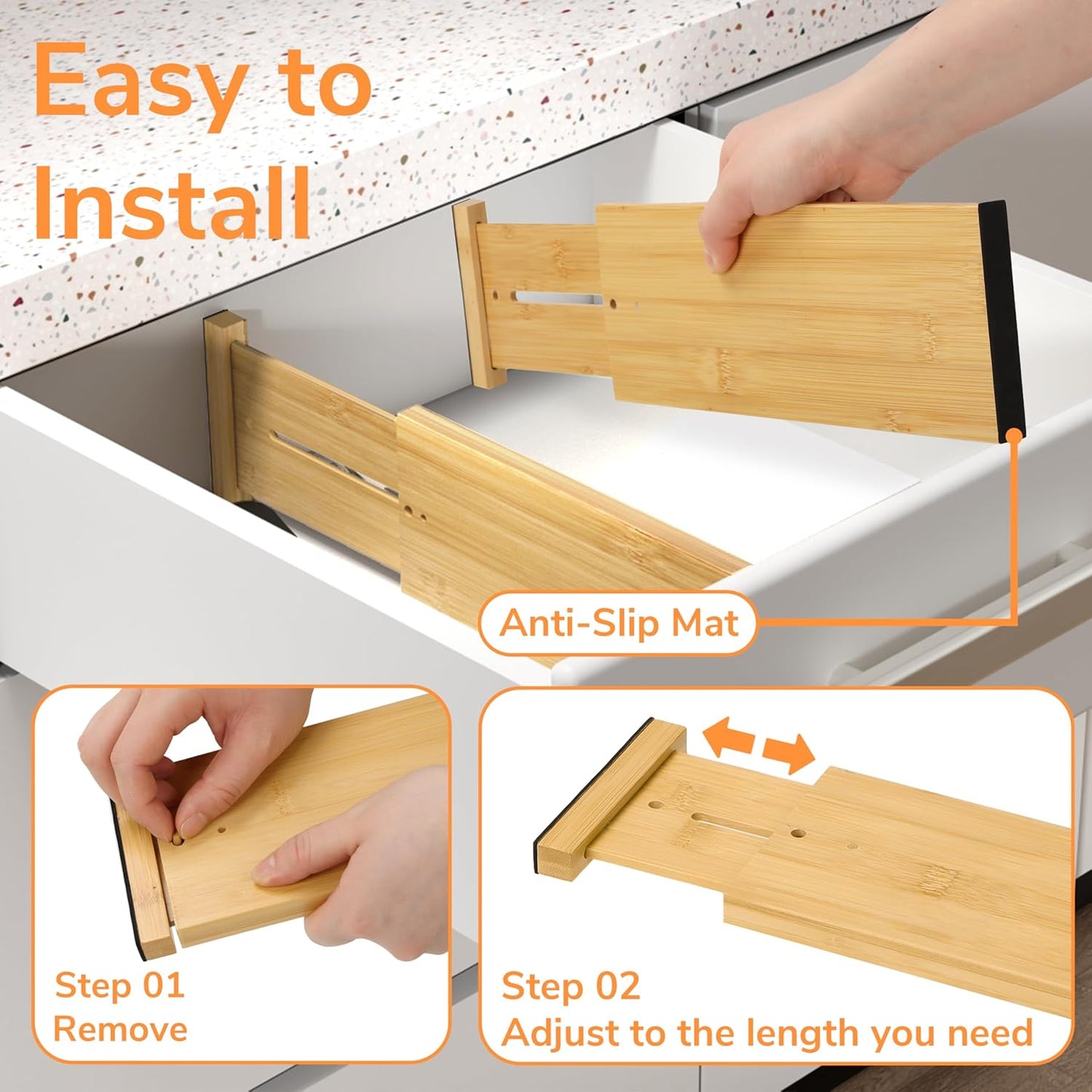 BAMEOS Drawer Dividers kitchen Organization Bamboo Utensil Organizers for Kitchen Bedroom Bathroom Dresser Office 4-pack