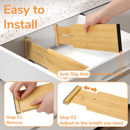 BAMEOS Drawer Dividers kitchen Organization Bamboo Utensil Organizers for Kitchen Bedroom Bathroom Dresser Office 4-pack