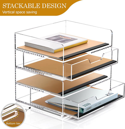 SANRUI Desk Organizer with Sliding Drawer Desk Organizers and Accessories for Office Organization and Storage, Acrylic File Organizer Drawer Stackable 2-Tier Paper Organizer,Clear