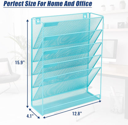 EASEPRES Desk File Organizer Mesh 6-Tier, Hanging Wall Mount Document Organization Stand, Desktop Vertical Mail Paper Folder Holder Rack with Bottom Tray for Office Home Cubicle Countertop, Black