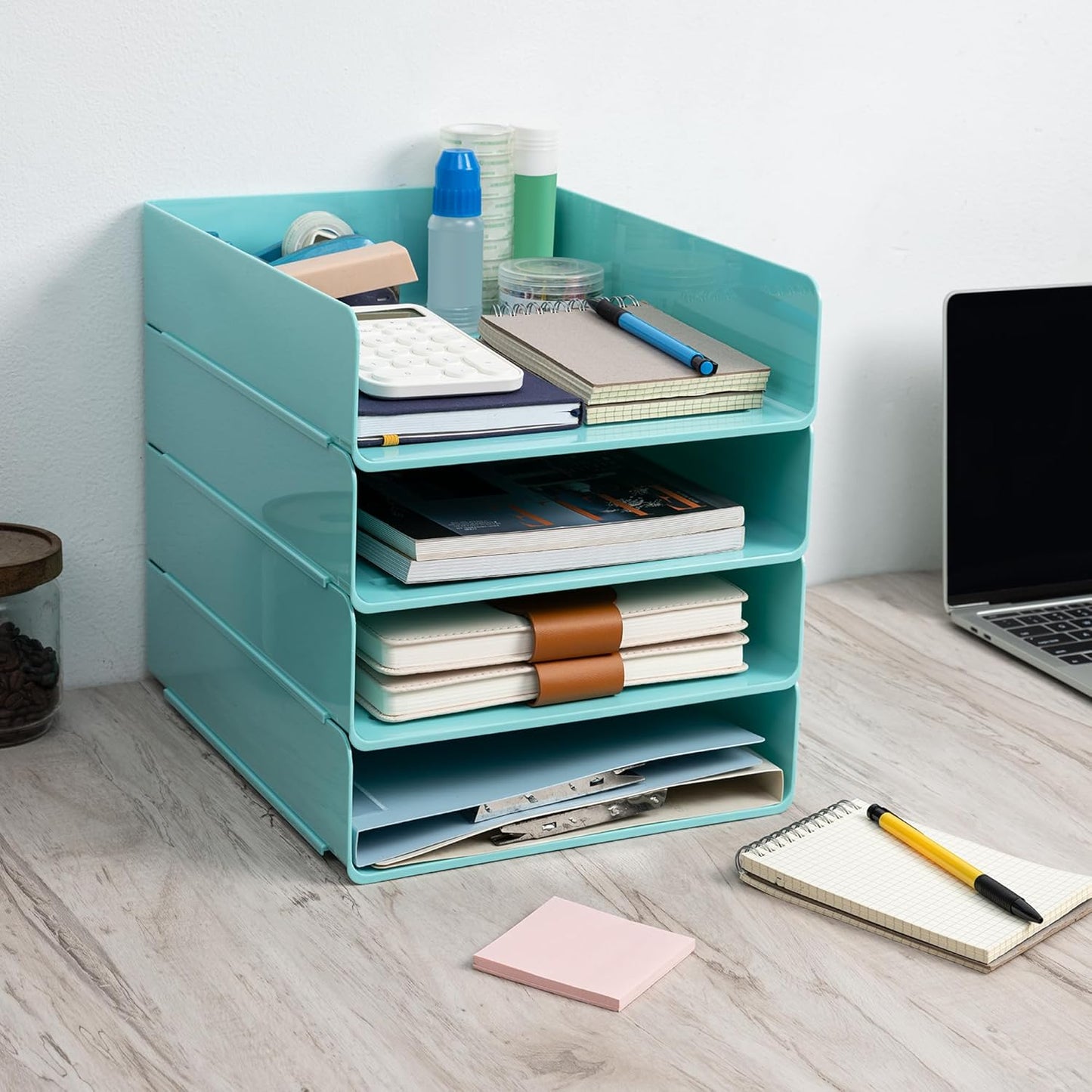 Tiawudi Desk Organizer, Clear Office Organization and Storage, Plastic Letter Tray, Stackable File Organizer for Classroom, Home, Documents, Notes, Folders, Books and Pens, 4 Tier