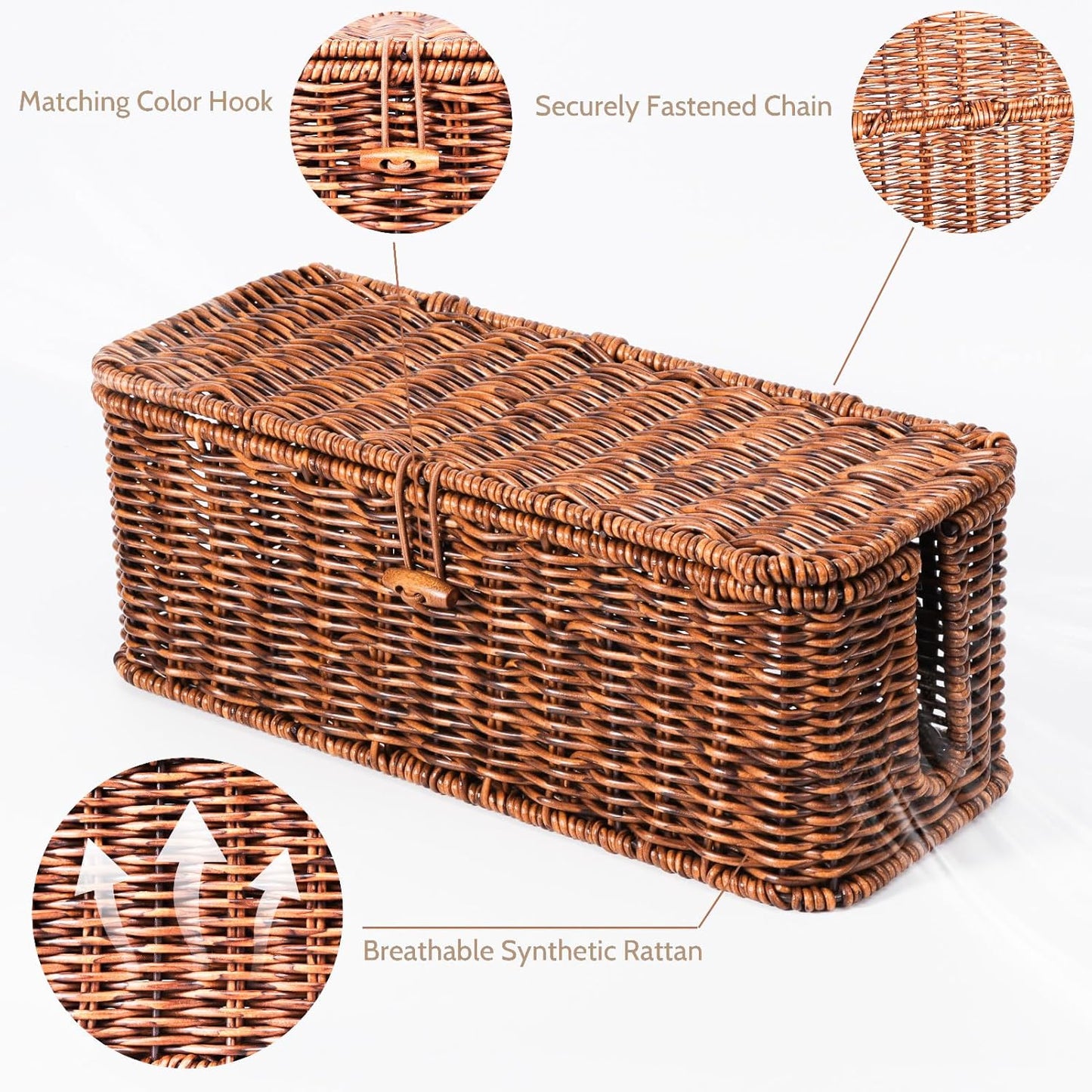 BROWNLILY Cable Management Box, Rattan Style Cord Organizer for Desk Cord Hider Outlet Covers Baby Proofing for Power Strip TV PC Router Charger Under Desk Storage with Lockable Lid and Cable Ties