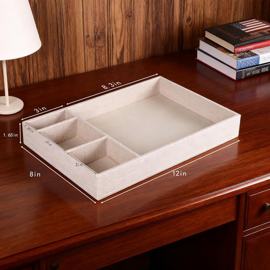 Desktop Storage Organizer, Nightstand or Dresser Organizer, Valet Tray, Entry Table Organizer, 4 Compartments,PU Leather Drawer Storage Organizer Decorative Trays. (Pearl White—2)