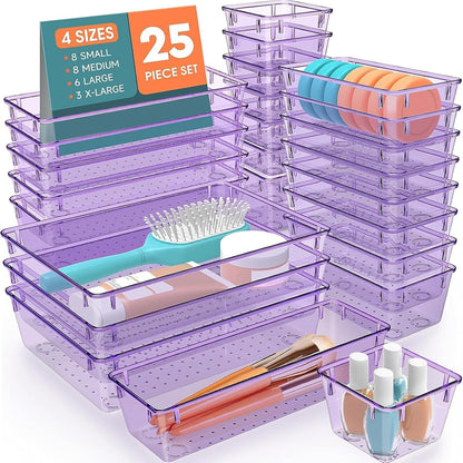 SpaceHacks 25 PCS Plastic Drawer Organizer Set, 4-Size Versatile Organizer Tool Trays & storage Bins for Makeup, Jewelry, and Gadgets in Bathroom, Bedroom and Office,Clear Black