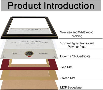 ELSKER&HOME Diploma Frame - Wide Solid Wood Frame - Black Velvet Golden Rim Mat - Semi-Tempered Glass - Includes Hanging Hardware and Desktop Easel(ONLY Display 11×14 Document/Certificate)