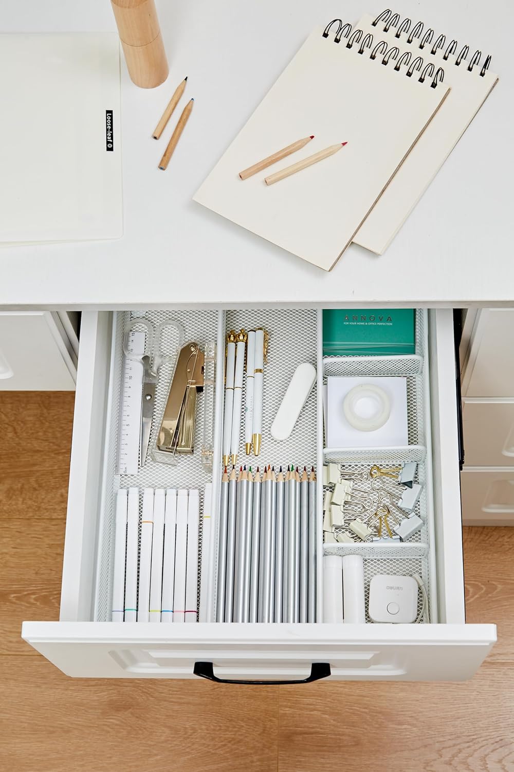 Annova Desk Drawer Organizer Tray for Office Organization - Metal Mesh - Storage Tray with Dividers for Pens, Desktop Accessories, Bathroom, Kitchen, Makeup and Office Supplies (Small, Gold)