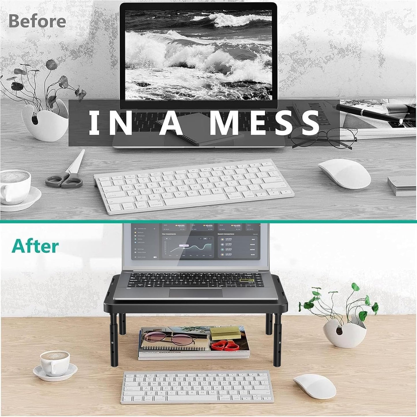 WALI Computer Monitor Stand with Storage, Desk Monitor Riser 3 Height Adjustable, Laptop Riser with Airflow Vents, Desk Organizer for Computer, Laptop, Printer (PTT002-B), 1 Pack, Black