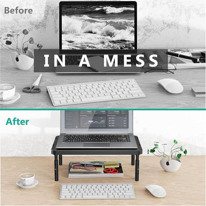 WALI Computer Monitor Stand with Storage, Desk Monitor Riser 3 Height Adjustable, Laptop Riser with Airflow Vents, Desk Organizer for Computer, Laptop, Printer (PTT002-B), 1 Pack, Black