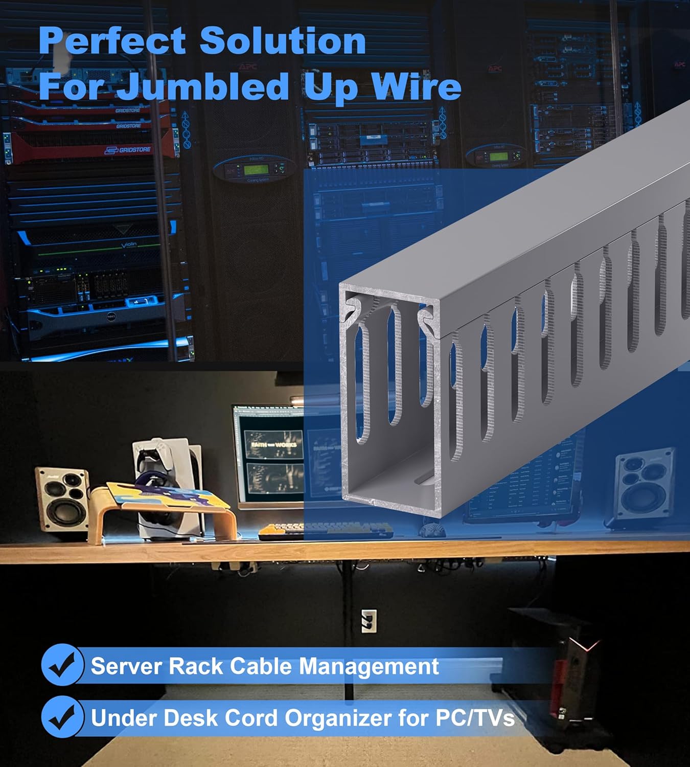 ZhiYo 2 x 2in Professional Server Rack Cable Management Raceway, 99in (6X L16.5in) Cable Raceway Kit, Electrically Safe PVC Open Slot Wire Raceway for Under Desk/Computer/Network Cords, Black