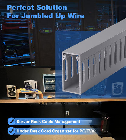 ZhiYo 2 x 2in Professional Server Rack Cable Management Raceway, 99in (6X L16.5in) Cable Raceway Kit, Electrically Safe PVC Open Slot Wire Raceway for Under Desk/Computer/Network Cords, Black