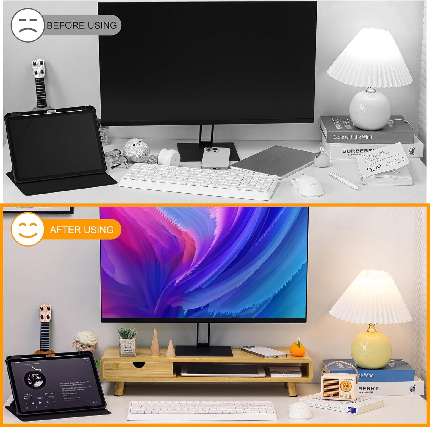Homerays Monitor Stand with Drawer, Exquisite Computer Monitor Stand for Desk, Ergonomic Wood Monitor Stand Riser for Computer,Laptop,Printer,TV,Bamboo,White