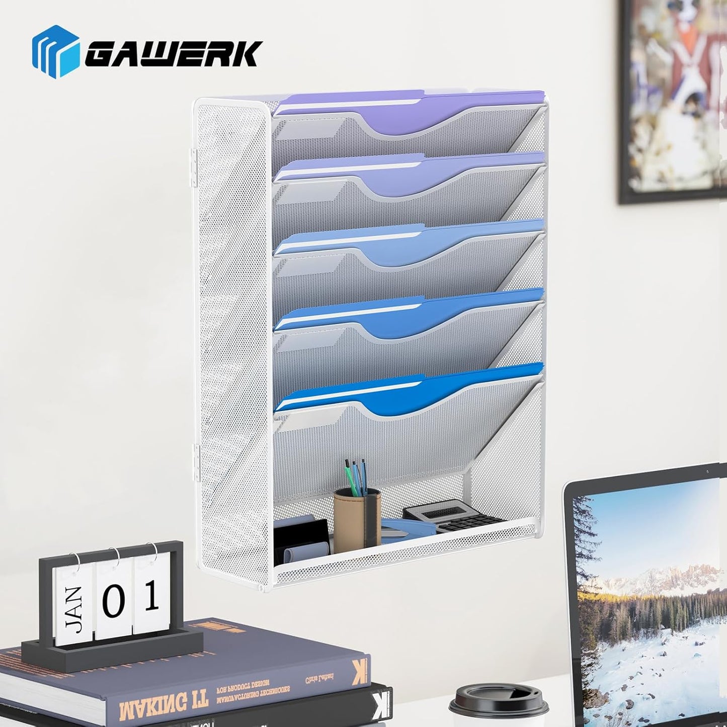 Gawerk 5 Tier Hanging Wall File Organizer, Mesh Mail Paper Orgnization Hanging File Folder Holder for Home Office, Black