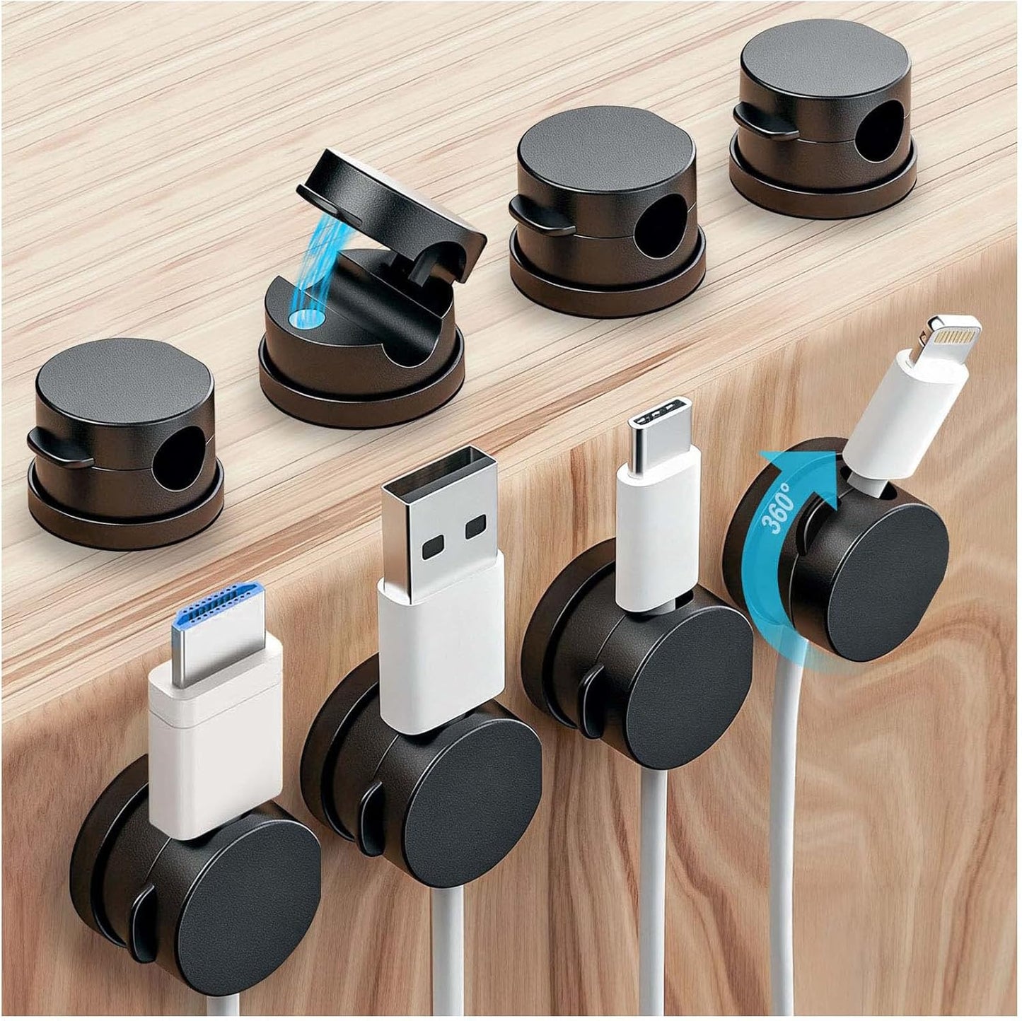 OneLeaf 8 Pack 360° Rotatable Strong Magnetic Cable Clips Cord Holder for Nightstand, 1s Lock Phone Charger Holder, Adhesive Magnetic Cord Clips for Home/Office/Car/Game Station, Smooth Adjustable