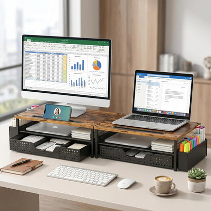 ECOLOVI Desk Organizer and Accessories, 2-Tier Computer Monitor Stand Rise with Storage Drawer & 2 Pen Holders, Laptop & Printer Stand for Desktop, Workspace Organizers for Office Supplies (Blue)