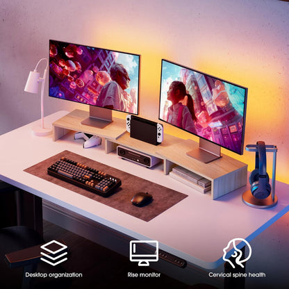 FITUEYES Dual Monitor Stand – 3 Shelf Computer Monitor Riser, Wood Desktop Stand with Adjustable Length and Angle, Desk Accessories, Office Supplies Medium Black,DT108001WB