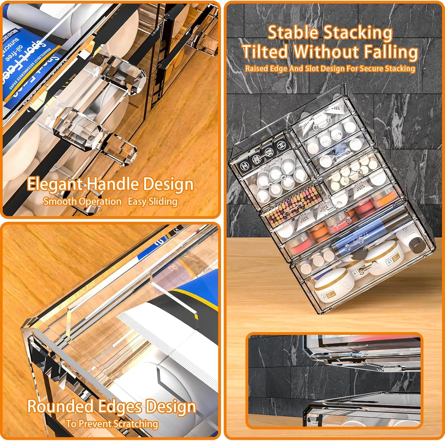 Acrylic Clear Makeup Organizer Countertop,Stackable Skincare Organizer for Vanity With 8 Drawers,Large Plastic Desk Accessories Organization,Bathroom Cosmetic Organizer Countertop for Beauty,Skin Care