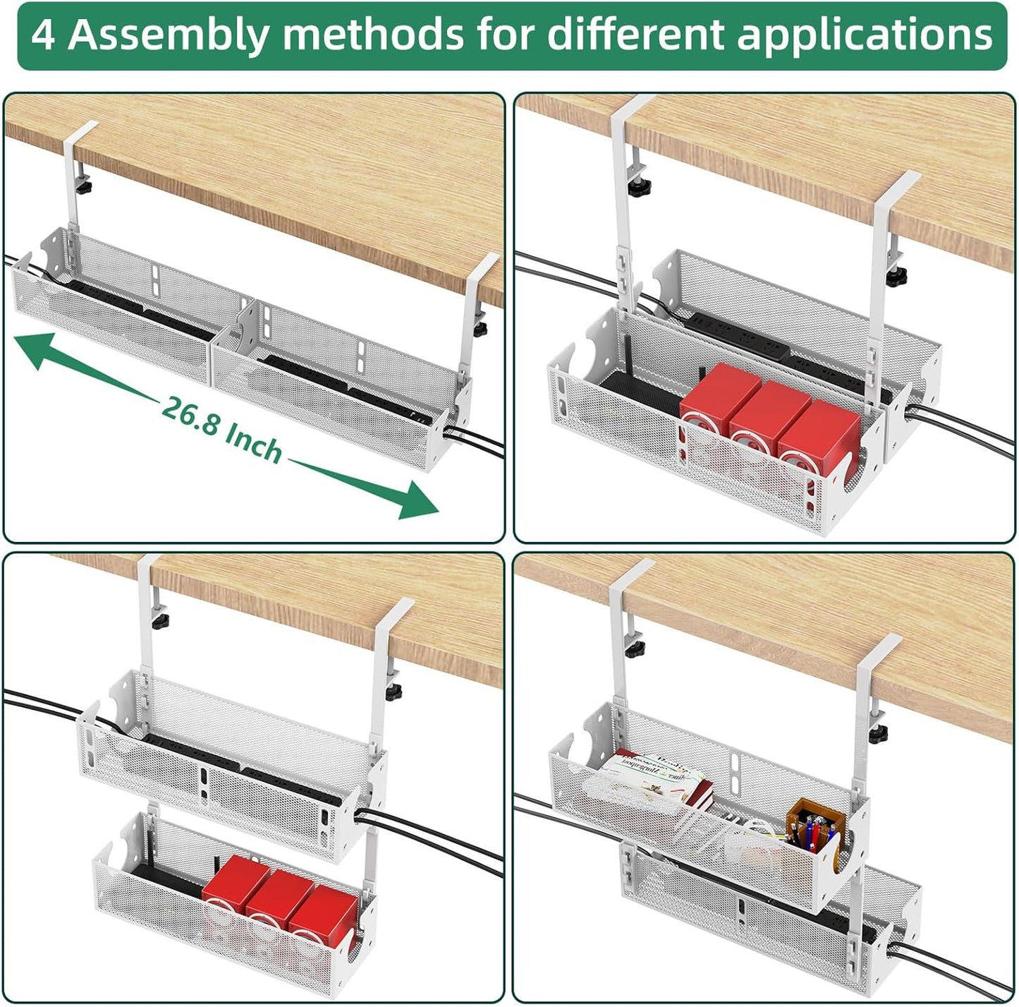 Multi-Model Under Desk Cable Management Tray 2 Packs Metal Under Desk Wire Management Clamp Mount Under Table Cord Management No Damage The Desk (Black)