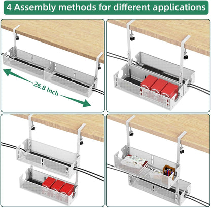 Multi-Model Under Desk Cable Management Tray 2 Packs Metal Under Desk Wire Management Clamp Mount Under Table Cord Management No Damage The Desk (Black)