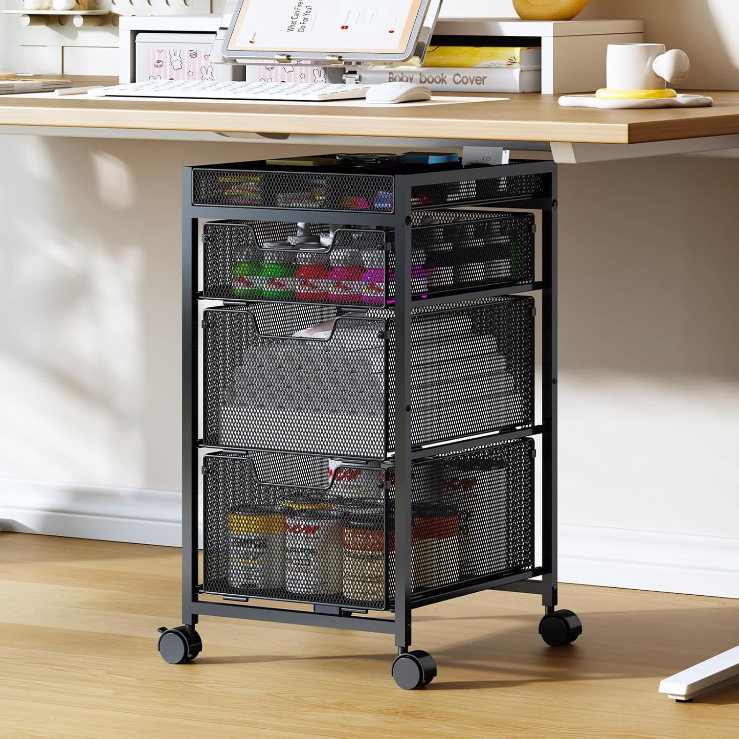 Rolling Utility Cart with 3 Drawers, Craft Organizer and Storage with DIY Divider, Lockable Wheels, Multi-Functional Storage for Art Supplies, Store for Brushes & Paints & Small Parts(Patent Pending)