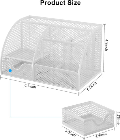 EasyPAG Mesh Desk Organizer with Drawer Multi-functional Pen Holder Stationery Organizer for Office School Supplies 6 Compartments Dorm Organizers and Storage for Desk, Black
