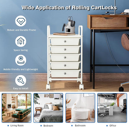 4-Tier Utility Cart with 4 Drawers, Rolling Utility Cart with 2 Lockable Caster Wheels, Multipurpose Mobile Rolling Drawer Cart for Office Bathroom Kitchen, Ivory White