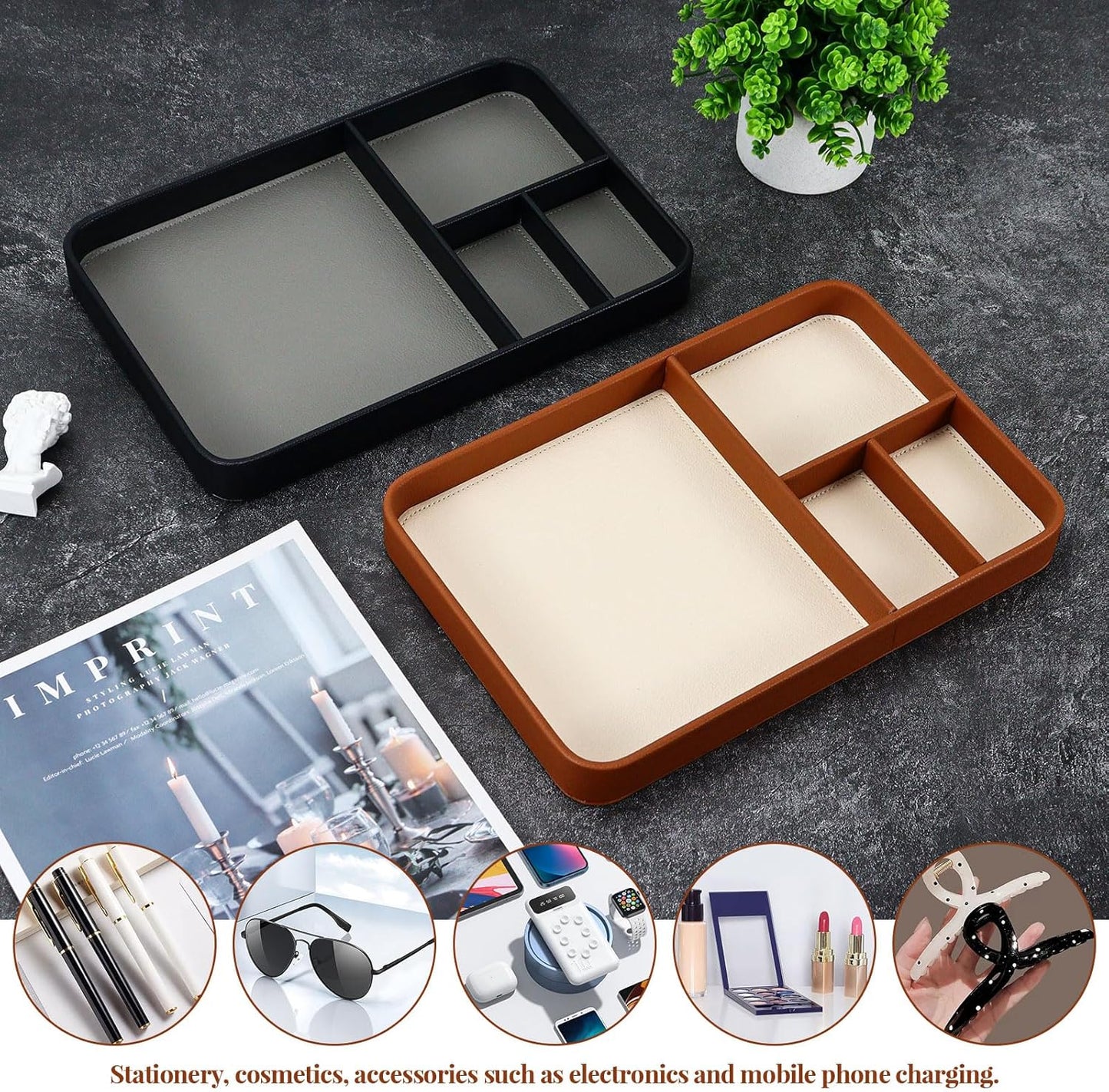 Buqoo PU Valet Tray for Nightstand & Desk – Multipurpose EDC Catchall Organizer for Phones, Watches, Keys & Accessories, Brown