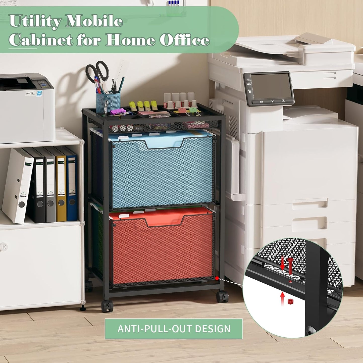 Rolling File Cart with 3 Storage Drawers, Under Desk Filing Cabinet with DIY Divider, Hanging File Folder Organizer on Wheels, Fits A4/Letter Size, Metal Utility Cart for Home Office, Black