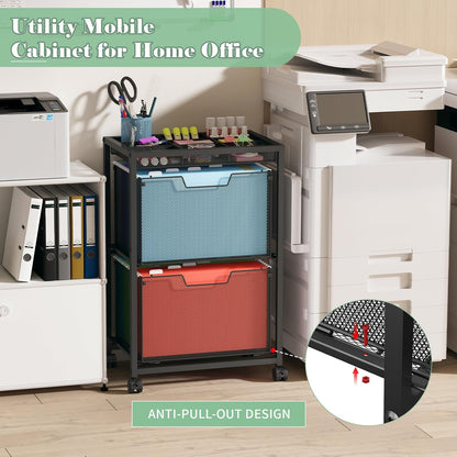 Rolling File Cart with 3 Storage Drawers, Under Desk Filing Cabinet with DIY Divider, Hanging File Folder Organizer on Wheels, Fits A4/Letter Size, Metal Utility Cart for Home Office, Black