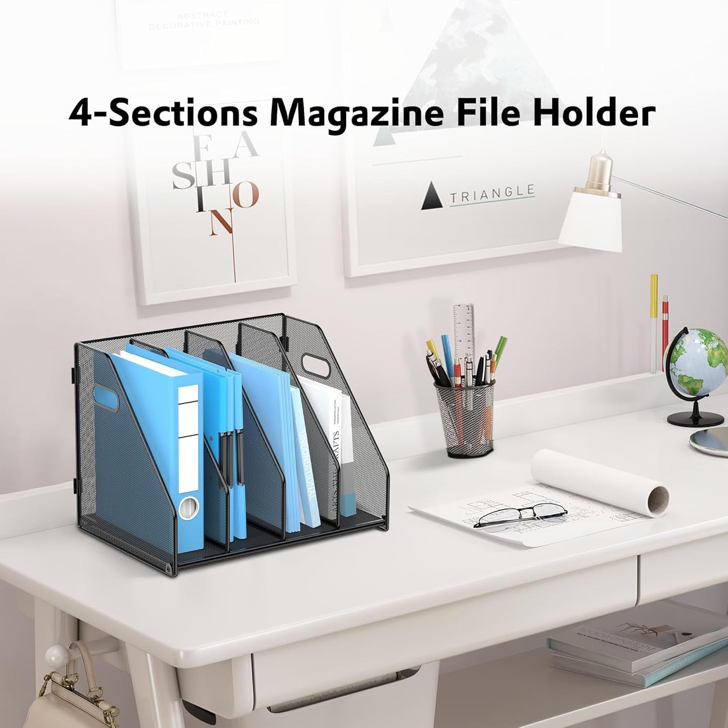 SUPEASY Binder Organizer, Magazine File Holder with 5 Vertical Compartments Rack, Metal Desk File Organizer & Binder Holders, Magazine Organizers for Office Desktop, Home, School, Classroom (Black)