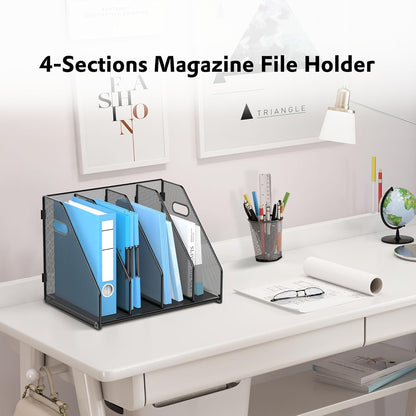 SUPEASY Binder Organizer, Magazine File Holder with 5 Vertical Compartments Rack, Metal Desk File Organizer & Binder Holders, Magazine Organizers for Office Desktop, Home, School, Classroom (Black)