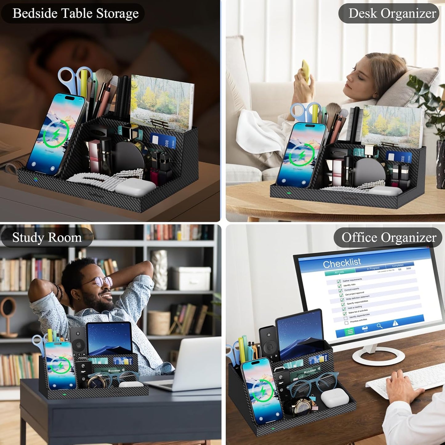 TopMade Wireless Charger Desk Nightstand Organizer, Leather Pen Holder Office Supplies Desk Accessories Fast Charging Station, Remote Control Holder, for iphone Charger Stand Gifts for Men (Black)