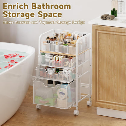 Rolling Makeup Cart Organizer with 3 Drawers, 4-Tier Narrow Floor Skincare Organizers with dividers, Vanity Organizer Cosmetics Display Cases for Makeup Brush, Hair Tool, White