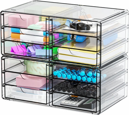 Yieach 2 Pack Acrylic Storage Drawers With 6 Drawers,Stackable Desk Organizer and Makeup Organizer,Large Clear Office Supplies Organizer for Pen,Stationary,Palettes,Arts Craft Organizers and Storage