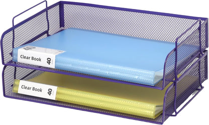 EASEPRES 2 Pack Stackable Desk Paper Tray, Metal Mesh Desktop Document Letter File Organizer for Office Home School, 13.5'' L x 9.75'' W x 5.5'' H, White